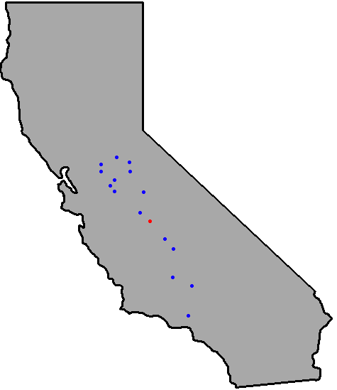 Location of camp (red) and branches (blue) sending campers to Tech Trek Fresno in 2016